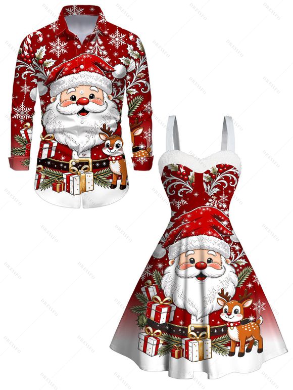 Christmas Couple Outfit Cartoon Santa Claus Elk Snowflake Print Faux Fur A Line Dress and Long Sleeve Shirt Holiday Set - Rouge Vineux S | US 4