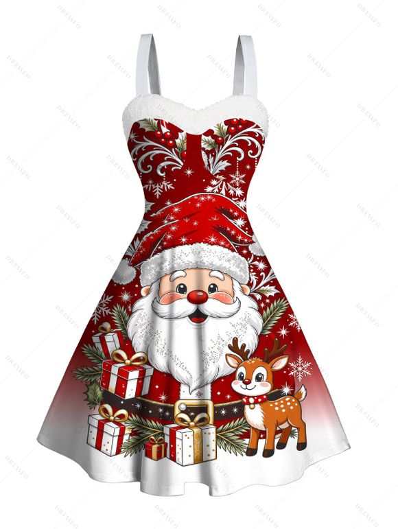 Christmas Couple Outfit Cartoon Santa Claus Elk Snowflake Print Faux Fur A Line Dress and Long Sleeve Shirt Holiday Set - Rouge Vineux S | US 4