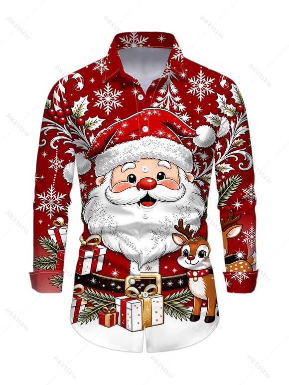 Christmas Couple Outfit Cartoon Santa Claus Elk Snowflake Print Faux Fur A Line Dress and Long Sleeve Shirt Holiday Set - Rouge Vineux S | US 4