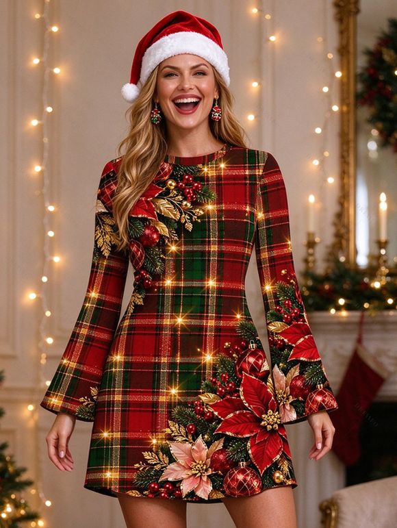 Christmas Couple Outfit Red Green Plaid Poinsettia Floral Print Bell Sleeve A Line Dress and Long Sleeve Shirt Holiday Set - Rouge foncé S | US 4