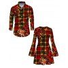 Christmas Couple Outfit Red Green Plaid Poinsettia Floral Print Bell Sleeve A Line Dress and Long Sleeve Shirt Holiday Set - Rouge foncé S | US 4