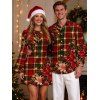 Christmas Couple Outfit Red Green Plaid Poinsettia Floral Print Bell Sleeve A Line Dress and Long Sleeve Shirt Holiday Set - Rouge foncé S | US 4