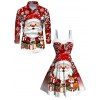 Christmas Couple Outfit Cartoon Santa Claus Elk Snowflake Print Faux Fur A Line Dress and Long Sleeve Shirt Holiday Set - Rouge Vineux S | US 4