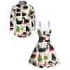 Christmas Couple Outfit Black Cat with Hat Christmas Tree Print Faux Fur A Line Dress and Long Sleeve Shirt Holiday Set - Beige S | US 4