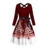 Christmas Couple Outfit Contrast Color Christmas Tree Print Crossover Belt A Line Dress and Long Sleeve Shirt Holiday Set - Rouge Vineux S | US 4