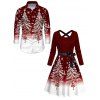 Christmas Couple Outfit Contrast Color Christmas Tree Print Crossover Belt A Line Dress and Long Sleeve Shirt Holiday Set - Rouge Vineux S | US 4