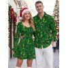 Christmas Couple Outfit Colored LED String Lights Print Bell Sleeve A Line Dress and Long Sleeve Shirt Holiday Set - PLANT GREEN S | US 4