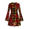 Christmas Party Dress Red Green Plaid Poinsettia Floral Print Bell Sleeve A Line Holiday Dress - Rouge foncé XL | US 12