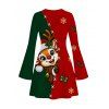Christmas Dress Contrast Color Cartoon Elk Snowflake Gift Print Bell Sleeve A Line Holiday Dress - multicolor S | US 4