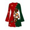 Christmas Dress Contrast Color Cartoon Elk Snowflake Gift Print Bell Sleeve A Line Holiday Dress - multicolor S | US 4