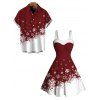Christmas Couple Outfit Contrast Color Snowflake Print Faux Fur A Line Dress and Short Sleeve Shirt Holiday Set - Rouge Vineux S | US 4