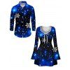 Christmas Couple Outfit Starry Sky Snowflake Print Bowknot Bell Sleeve A Line Dress and Long Sleeve Shirt Holiday Set - Bleu profond S | US 4