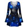 Christmas Couple Outfit Starry Sky Snowflake Print Bowknot Bell Sleeve A Line Dress and Long Sleeve Shirt Holiday Set - Bleu profond S | US 4