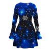 Christmas Couple Outfit Starry Sky Snowflake Print Bowknot Bell Sleeve A Line Dress and Long Sleeve Shirt Holiday Set - Bleu profond S | US 4