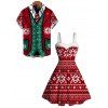 Holiday Couple Outfit Snowflake Zig Zag Geometric Print Faux Fur Dress and Christmas Elements Print Shirt Set - Rouge S | US 4