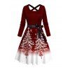 Christmas Dress Contrast Color Christmas Tree Print Crossover Belt A Line Holiday Dress - Rouge Vineux L | US 8-10