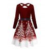 Christmas Dress Contrast Color Christmas Tree Print Crossover Belt A Line Holiday Dress - Rouge Vineux L | US 8-10