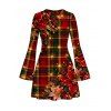Christmas Party Dress Red Green Plaid Poinsettia Floral Print Bell Sleeve A Line Holiday Dress - Rouge foncé M | US 6