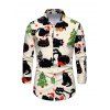Men's Christmas Shirt Black Cat with Hat Christmas Tree Print Button Up Long Sleeve Holiday Shirt - Beige 5XL