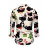 Men's Christmas Shirt Black Cat with Hat Christmas Tree Print Button Up Long Sleeve Holiday Shirt - Beige 5XL