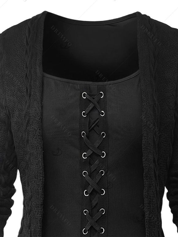 Gothic Faux Twinset Top Cable Knit Grommet Lace Up Long Sleeve 2 In 1 Top - Noir S | US 4