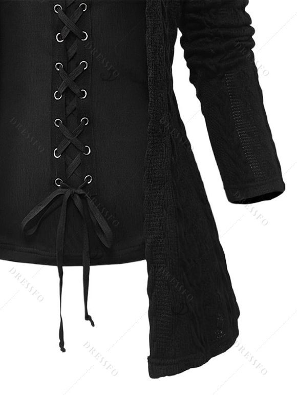 Gothic Faux Twinset Top Cable Knit Grommet Lace Up Long Sleeve 2 In 1 Top - Noir S | US 4