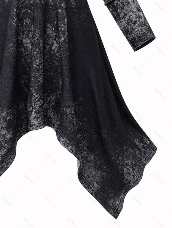 Winter Hooded Top Ombre Washed Print Buckle Long Sleeve Handkerchief Hem Long Top with Hood - Noir XXL | US 14
