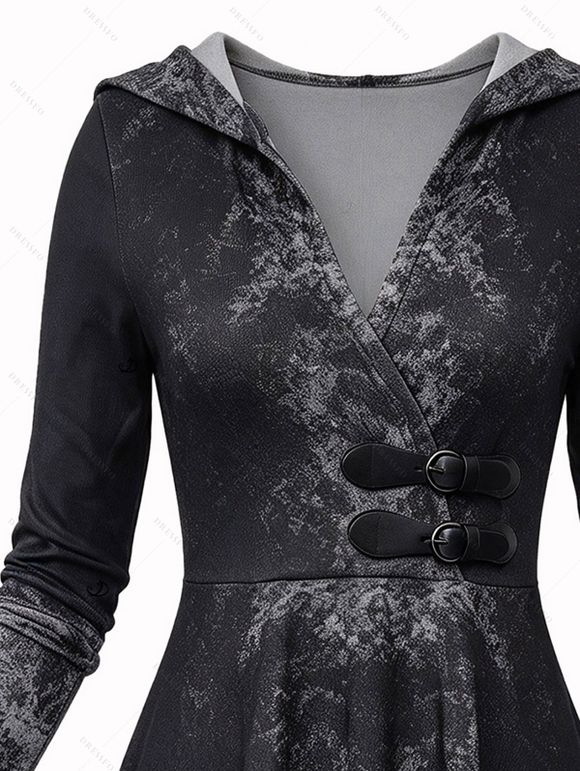 Winter Hooded Top Ombre Washed Print Buckle Long Sleeve Handkerchief Hem Long Top with Hood - Noir XXL | US 14