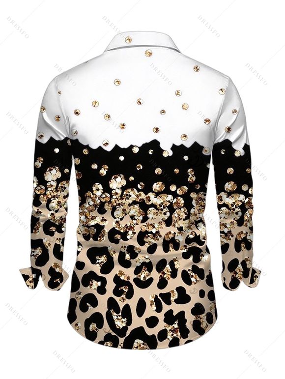 Men's Casual Shirt Colorblock Leopard Sequined Print Button Up Long Sleeve Shirt - Blanc 5XL