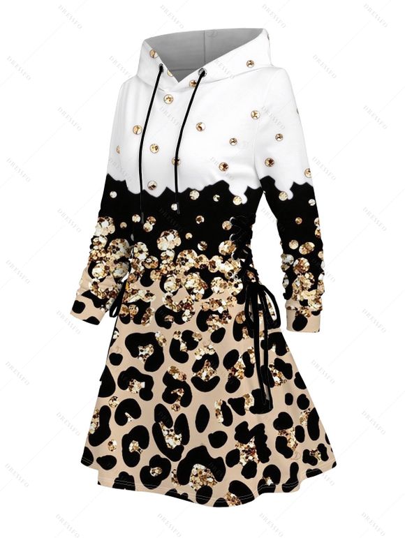 Winter Couple Outfit Colorblock Leopard Sequined Print Lace Up Drawstrings A Line Hoodie Dress and Long Sleeve Shirt Set - Blanc S | US 4
