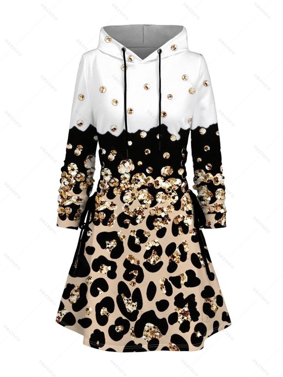 Winter Couple Outfit Colorblock Leopard Sequined Print Lace Up Drawstrings A Line Hoodie Dress and Long Sleeve Shirt Set - Blanc S | US 4