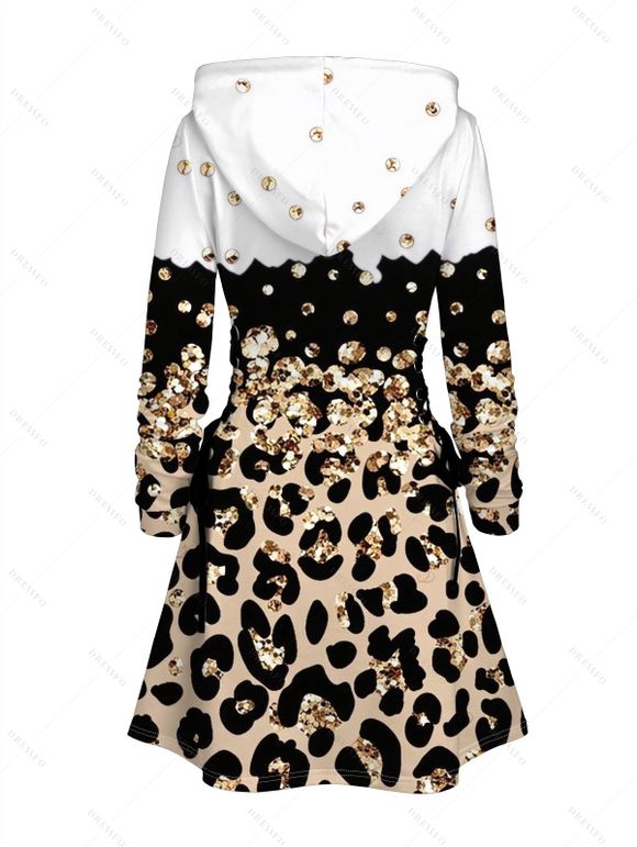 Winter Couple Outfit Colorblock Leopard Sequined Print Lace Up Drawstrings A Line Hoodie Dress and Long Sleeve Shirt Set - Blanc S | US 4