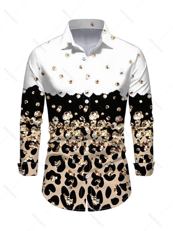 Winter Couple Outfit Colorblock Leopard Sequined Print Lace Up Drawstrings A Line Hoodie Dress and Long Sleeve Shirt Set - Blanc S | US 4