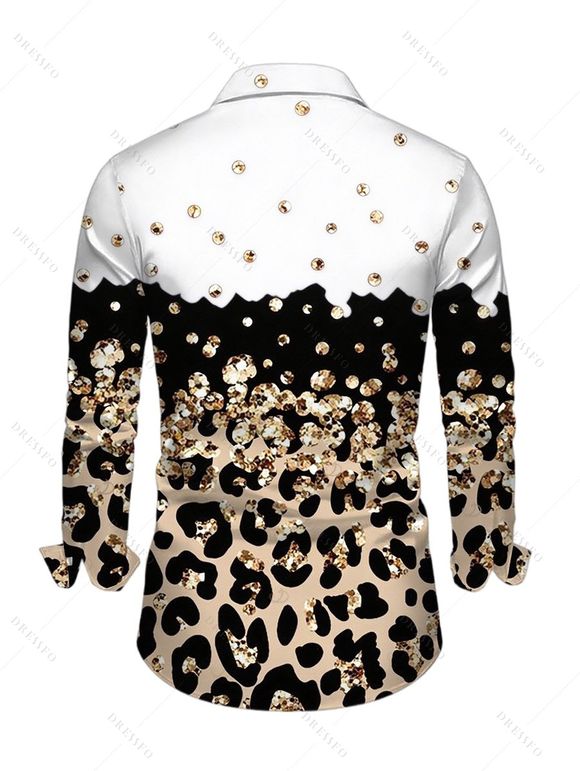 Winter Couple Outfit Colorblock Leopard Sequined Print Lace Up Drawstrings A Line Hoodie Dress and Long Sleeve Shirt Set - Blanc S | US 4