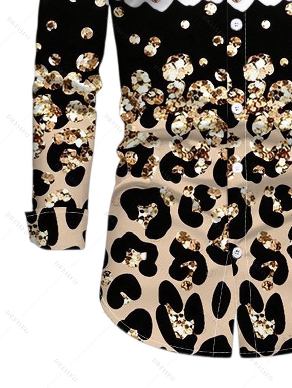 Winter Couple Outfit Colorblock Leopard Sequined Print Lace Up Drawstrings A Line Hoodie Dress and Long Sleeve Shirt Set - Blanc S | US 4