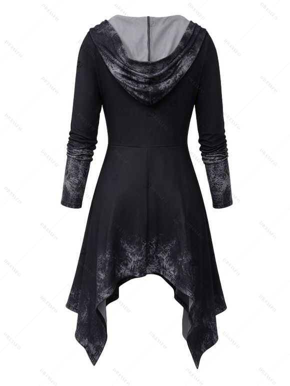 Winter Women Outfit Ombre Washed Print Buckle Long Sleeve Handkerchief Hem Long Hooded Top and Skinny Leggings Set - Noir S | US 4