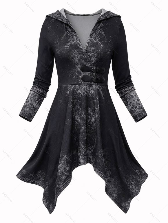 Winter Women Outfit Ombre Washed Print Buckle Long Sleeve Handkerchief Hem Long Hooded Top and Skinny Leggings Set - Noir S | US 4