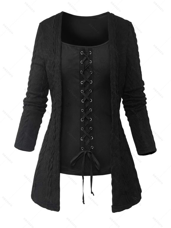 Gothic Women Outfit Cable Knit Grommet Lace Up Long Sleeve Faux Twinset Top and Skinny Leggings Set - Noir S | US 4