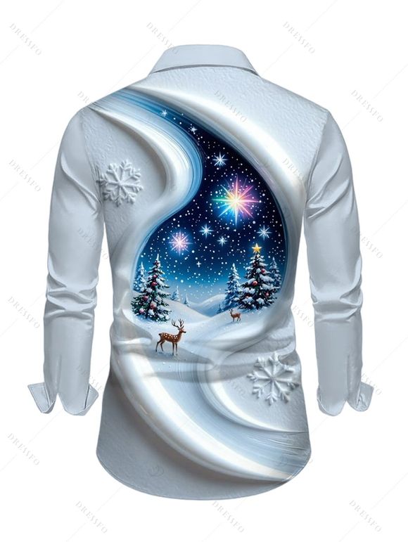 Men's Christmas Shirt 3D Snowscape Elk Christmas Tree Snowflake Print Button Up Long Sleeve Holiday Shirt - Bleu Poudre 5XL