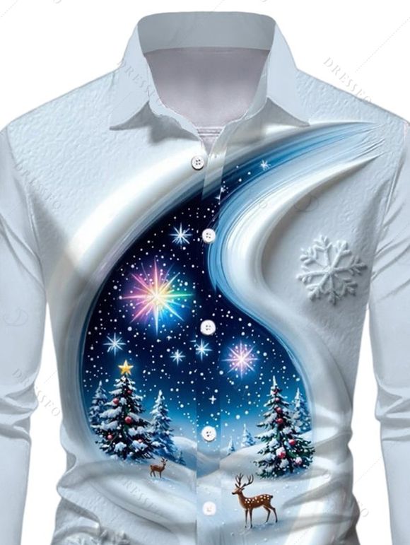 Men's Christmas Shirt 3D Snowscape Elk Christmas Tree Snowflake Print Button Up Long Sleeve Holiday Shirt - Bleu Poudre 5XL