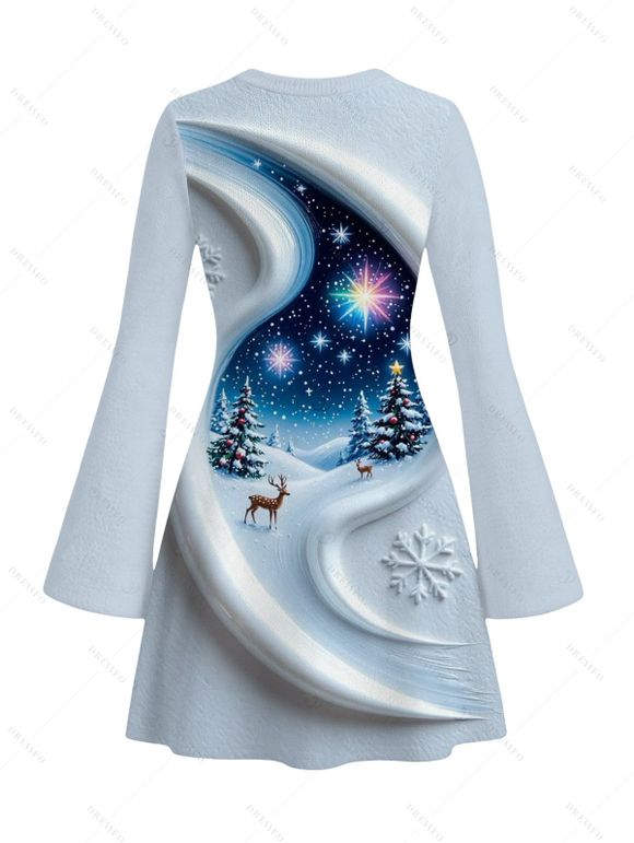 Christmas Dress 3D Snowscape Elk Christmas Tree Snowflake Print Bell Sleeve A Line Holiday Dress - Bleu Poudre M | US 6