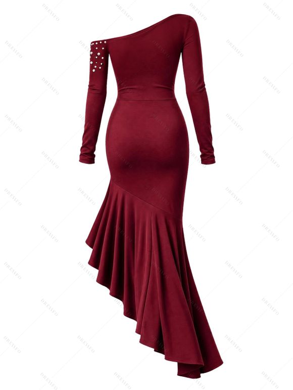 Vintage Dress Skew Neck Beaded Long Ruffle Split Sleeve Mermaid Long Dress - Rouge Vineux M | US 6