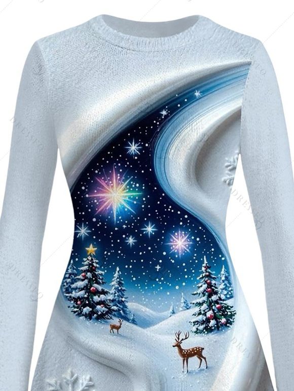 Christmas Dress 3D Snowscape Elk Christmas Tree Snowflake Print Bell Sleeve A Line Holiday Dress - Bleu Poudre M | US 6
