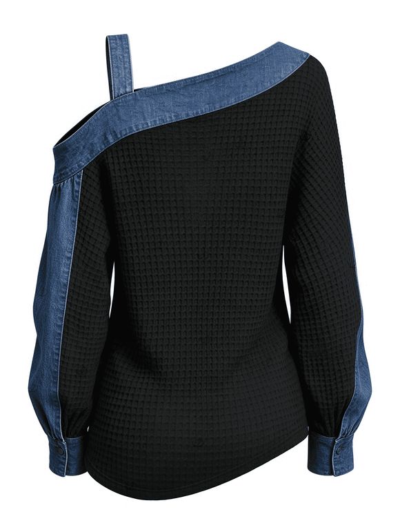 Casual Top Faux Denim Colorblock Patchwork Cold Shoulder Long Sleeve Top - Noir XXL | US 14