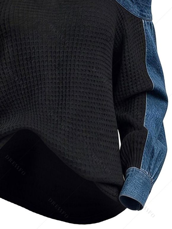Casual Top Faux Denim Colorblock Patchwork Cold Shoulder Long Sleeve Top - Noir XXL | US 14