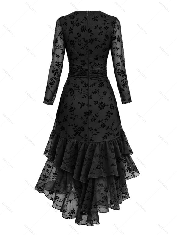 Vintage Western Style Dress Flocked Floral Mesh Scalloped High Low Dress - Noir S | US 4