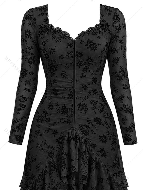 Vintage Western Style Dress Flocked Floral Mesh Scalloped High Low Dress - Noir S | US 4