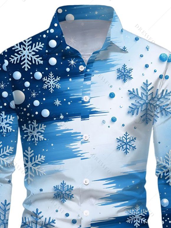 Men's Christmas Shirt Colorblock Snowflake Print Button Up Long Sleeve Holiday Shirt - Bleu Ciel 5XL