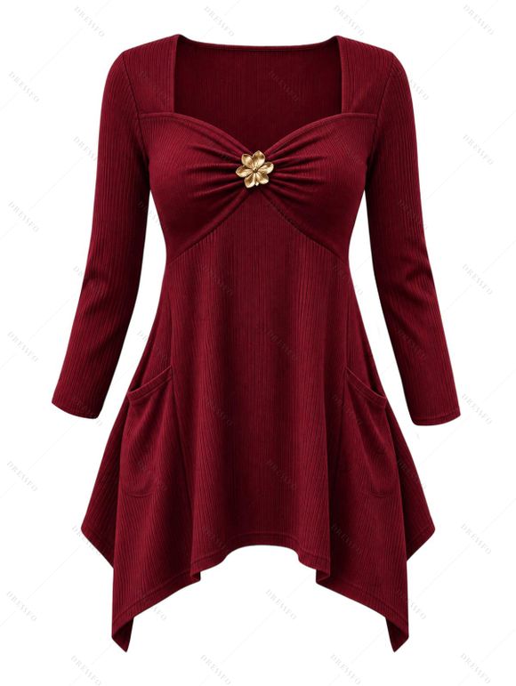 Daily Top Floral Decor Sweetheart Neck Ruched Handkerchief Hem 3/4 Sleeve Top - Rouge Vineux XXL | US 14