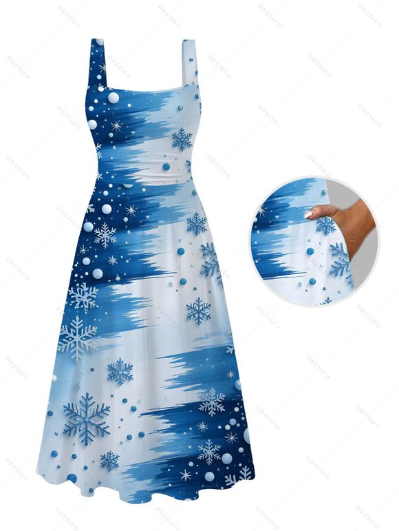 Christmas Couple Outfit Colorblock Snowflake Print Pocket Square Neck A Line Dress and Long Sleeve Shirt Holiday Set - Bleu Ciel S | US 4